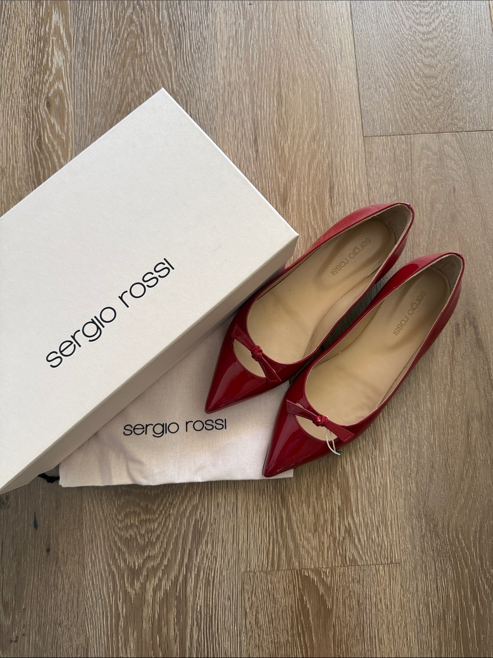 Sergio Rossi Red Patent Pointed Toe Flats with Bow Accent